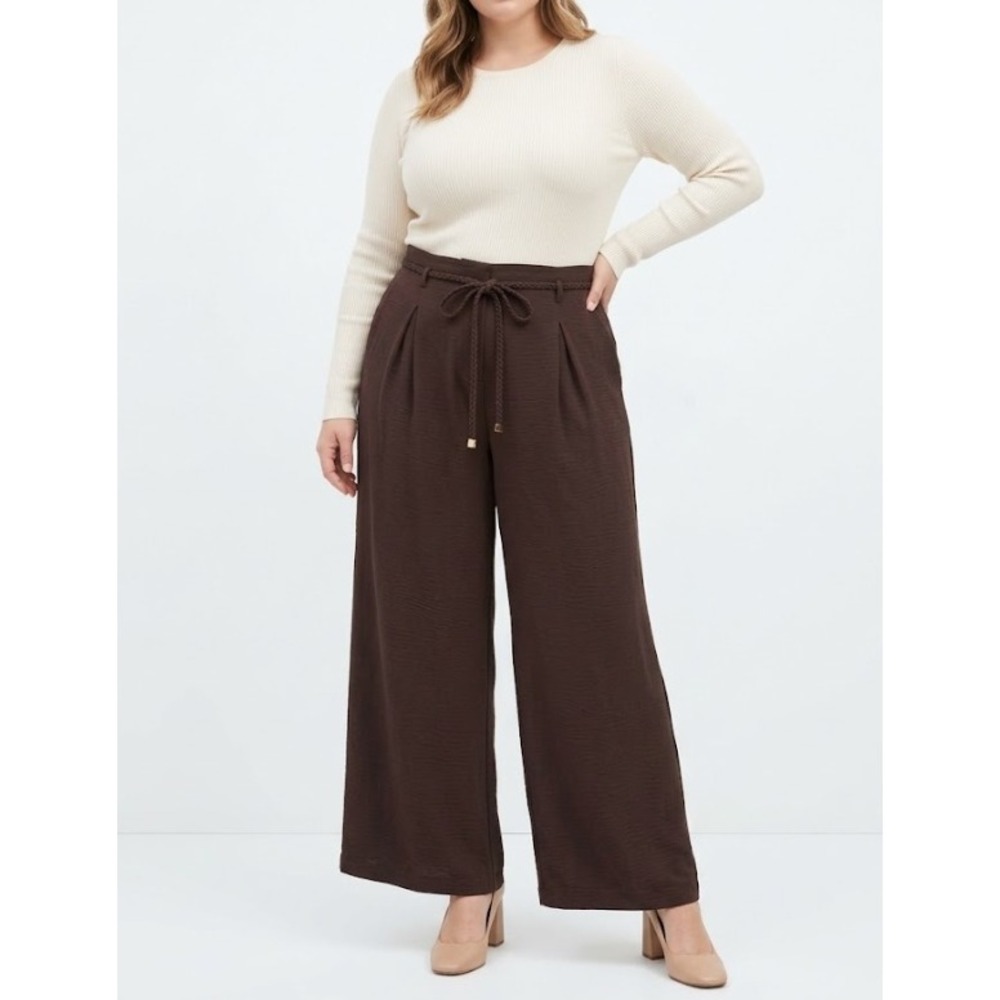 New Michael Kors Wide Leg Pants XL Brown High Rise Braided Belt Soft Flowy